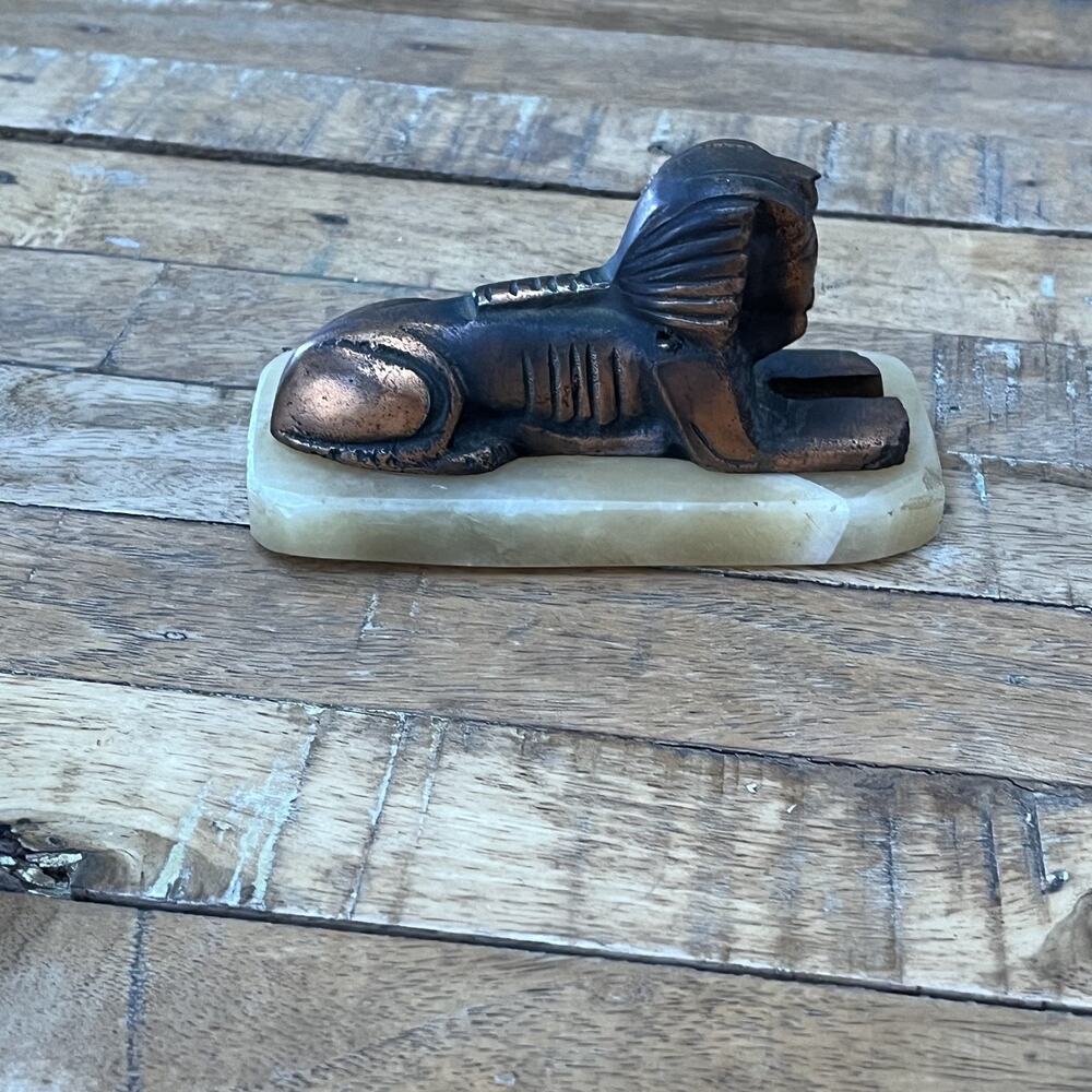 Vintage Brass Egyptian Sphinx Figurine on Alabaster Base 6" Desk Paperweight.